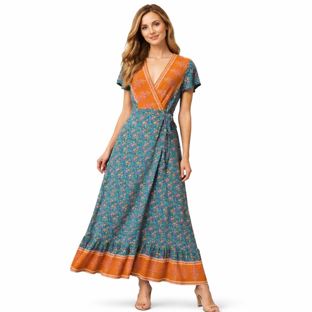 Zesica Boho Floral Wrap Maxi Dress Size Small